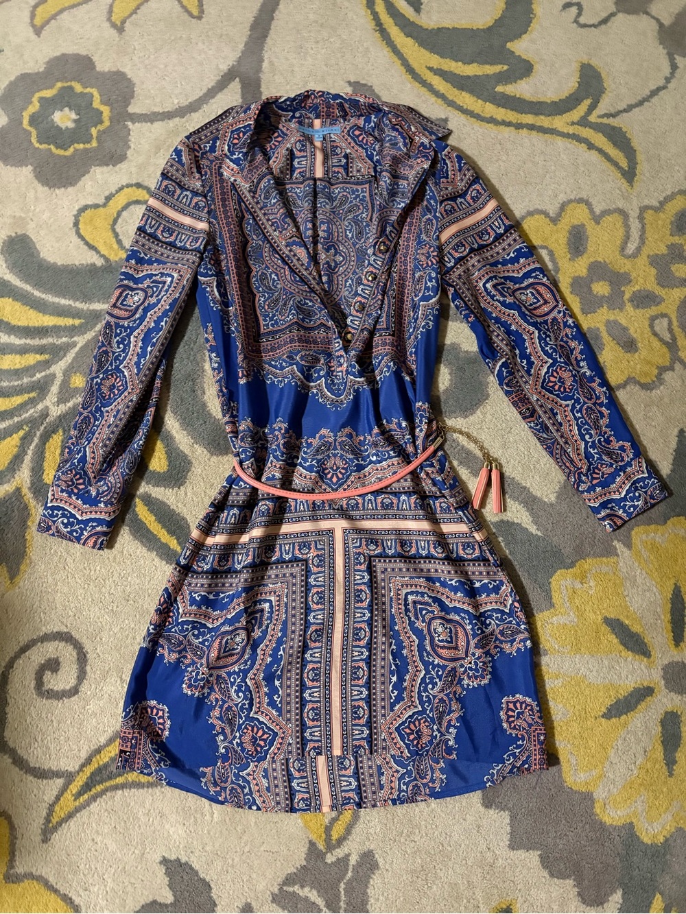ANTONIO MELANI Blue Paisley Long-Sleeve Shirt Dress with Pink Belt